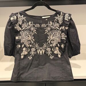 Solitaire Black Cream Embroidered Cotton Blouse. Size S